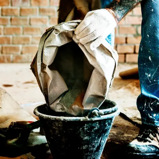 A builder emptying a bag of dry mix into a bucket by a brick wall